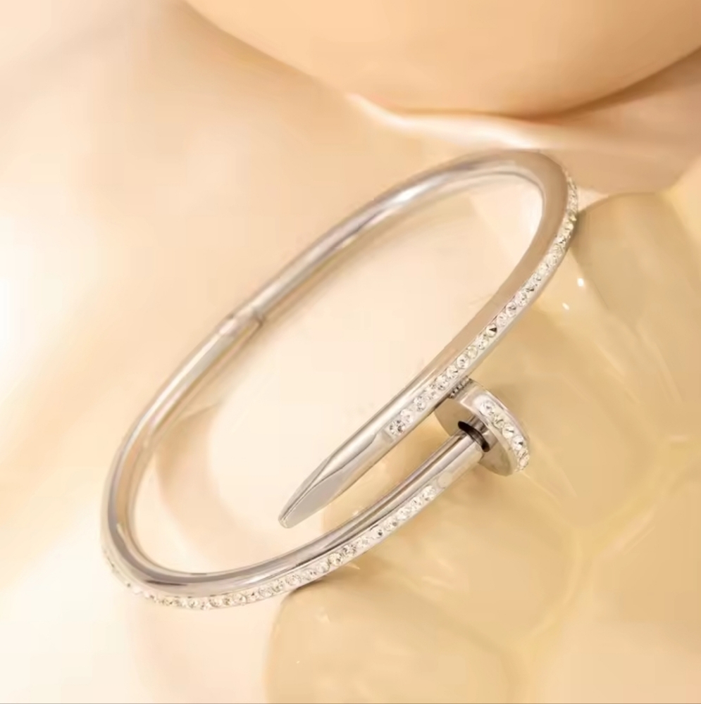 Crystal-Accented Silver Nail Bangle Bracelet